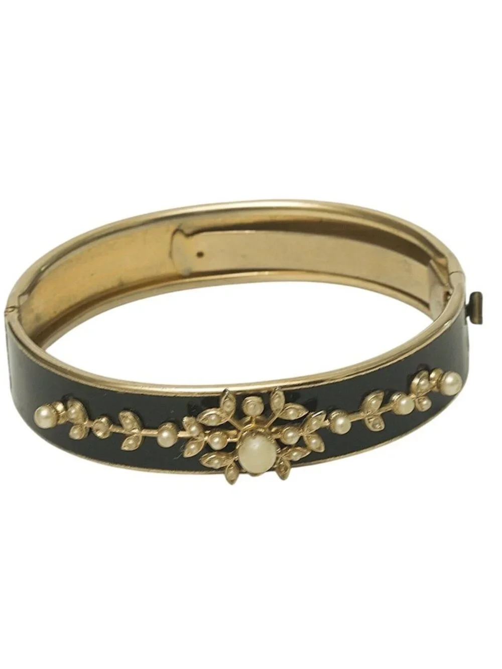 Vintage Victorian Revival Bangle Bracelet Black Enamel Faux Pearl Goldplate